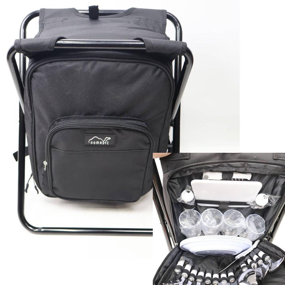 Folding Stool Insulated Cooler Bag Backpack Chair w/ Picnic Set Service for 4